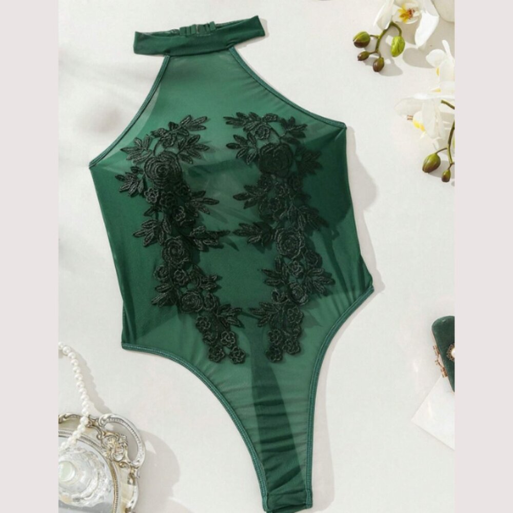 Shein Sheer Mesh Floral Embroidered Bodysuit Top Green
